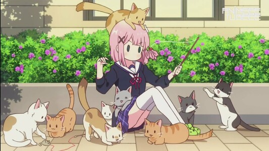 anime girl surrounded by anime cats